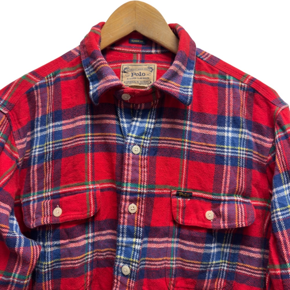 Polo Ralph Lauren Men's Large Red/Blue Plaid Flannel Double Pocket Western Shirt